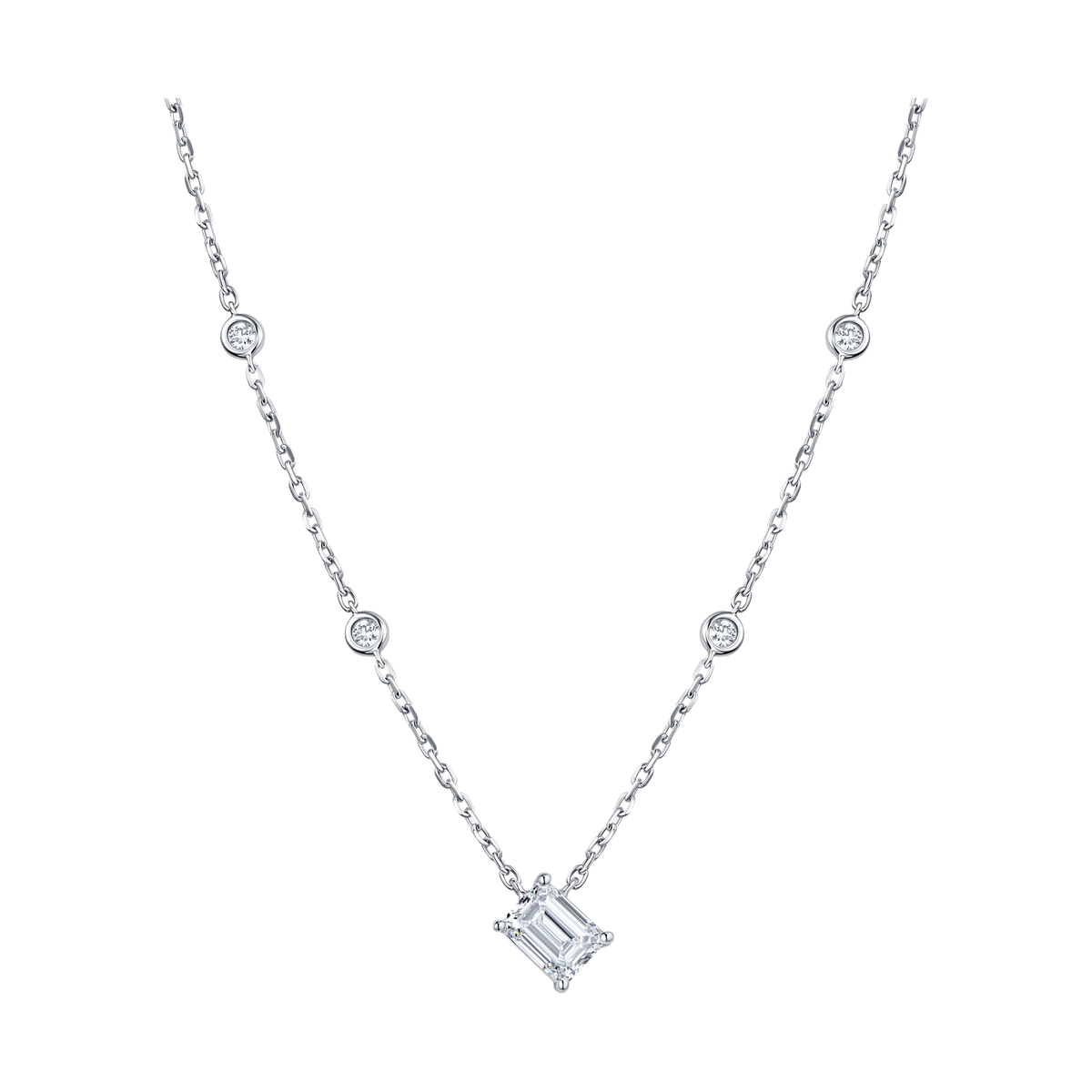 Always Be Emerald Cut Diamond Station Pendant in white gold