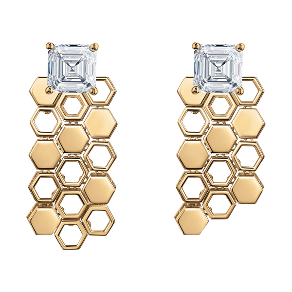 Just Bee Long Earrings in yellow gold, With Lab Diamond Asscher cut 2 carats each #Metal_Yellow Gold #Choose your combination_With Lab-grown Diamond
