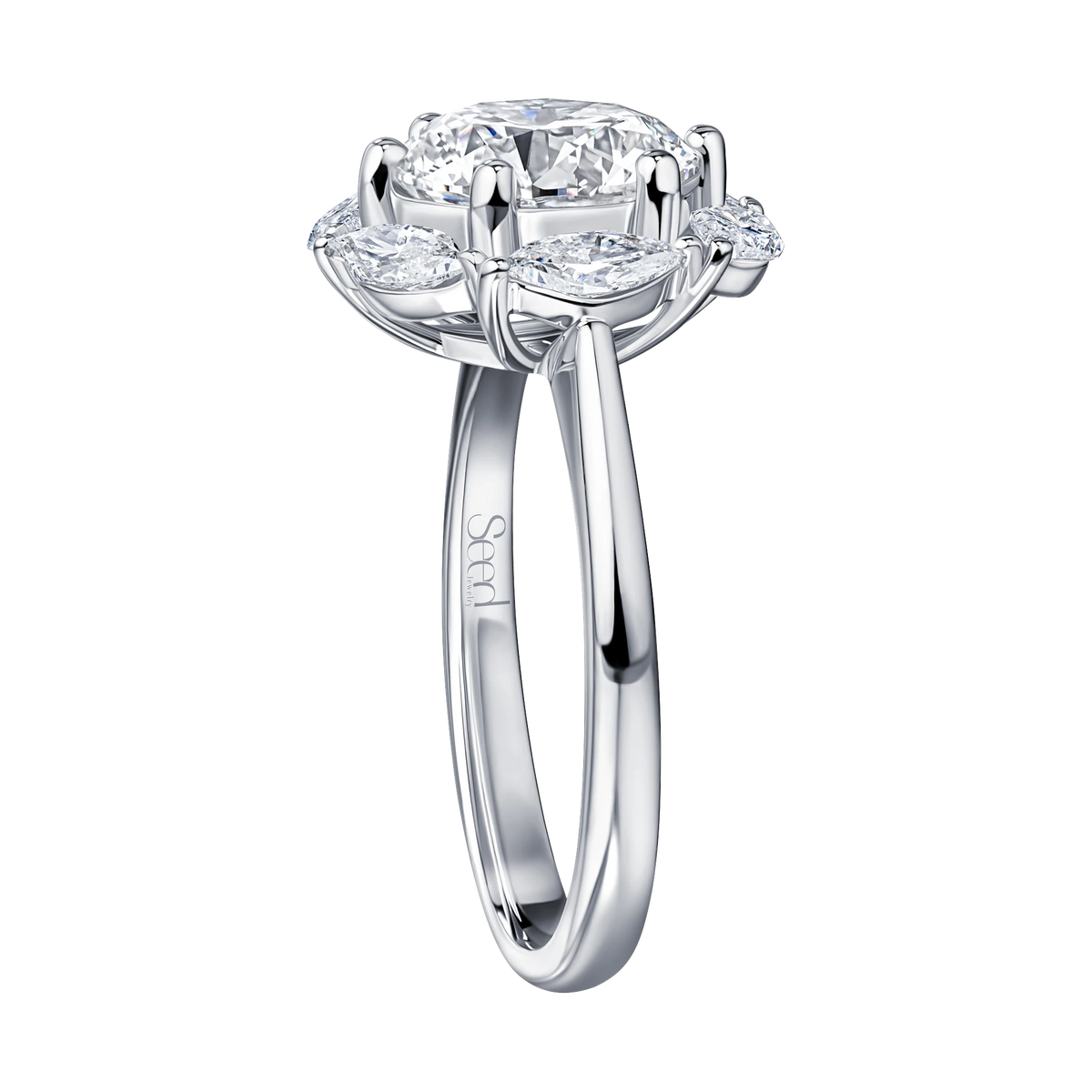 Be True Round Cut Ring with Leaf Cut Halo — product photo #Metal_White Gold