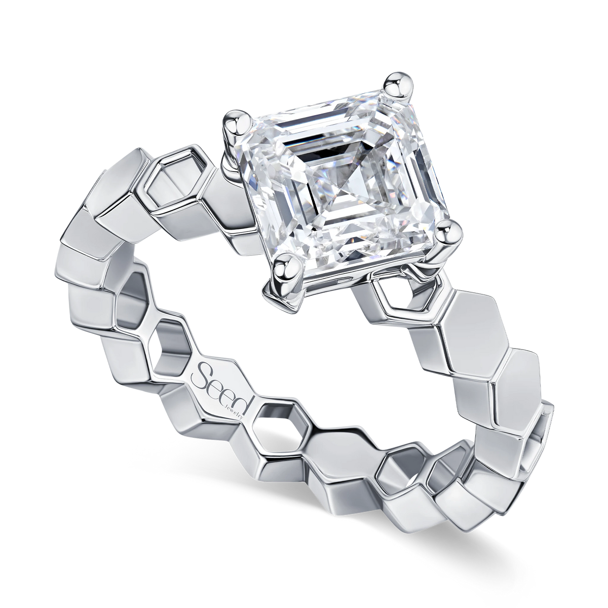 Just Bee honeycomb ring in 18K white gold with Asscher-cut lab diamond #Metal_White Gold #Choose your combination_With Lab Diamond + Pendant Set