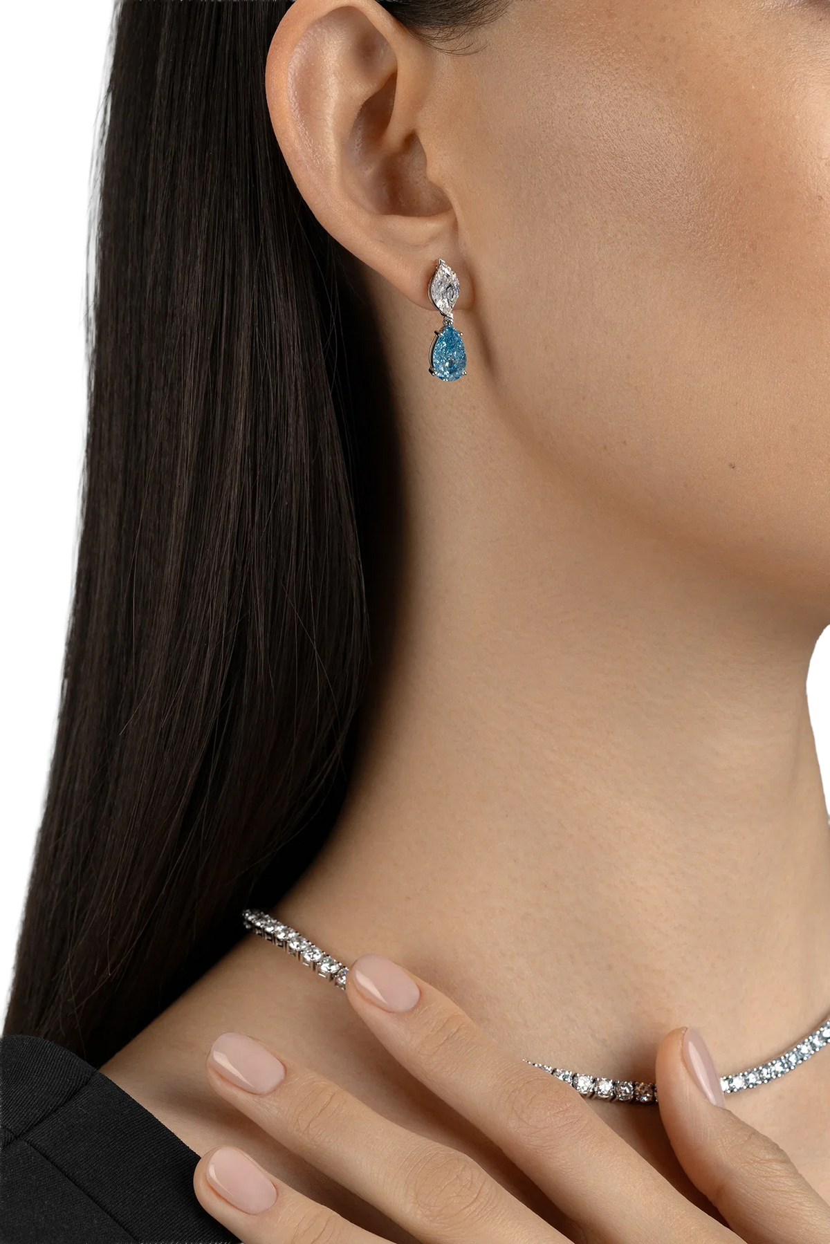 Be True Fancy Vivid Blue Pear Shape & Leaf Earrings Model — product photo #Metal_White Gold