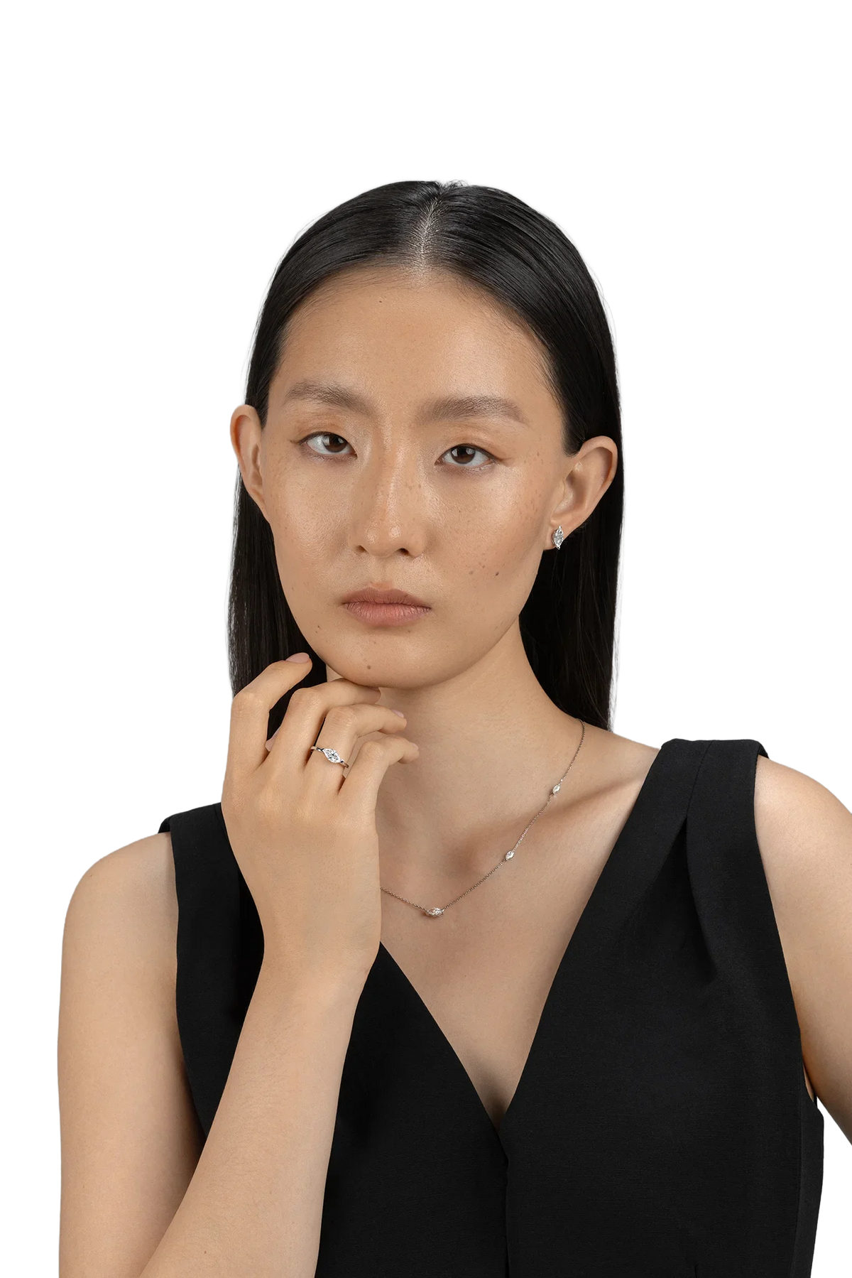 Model wearing Be True Leaf Earrings model — product photo #Metal_White Gold