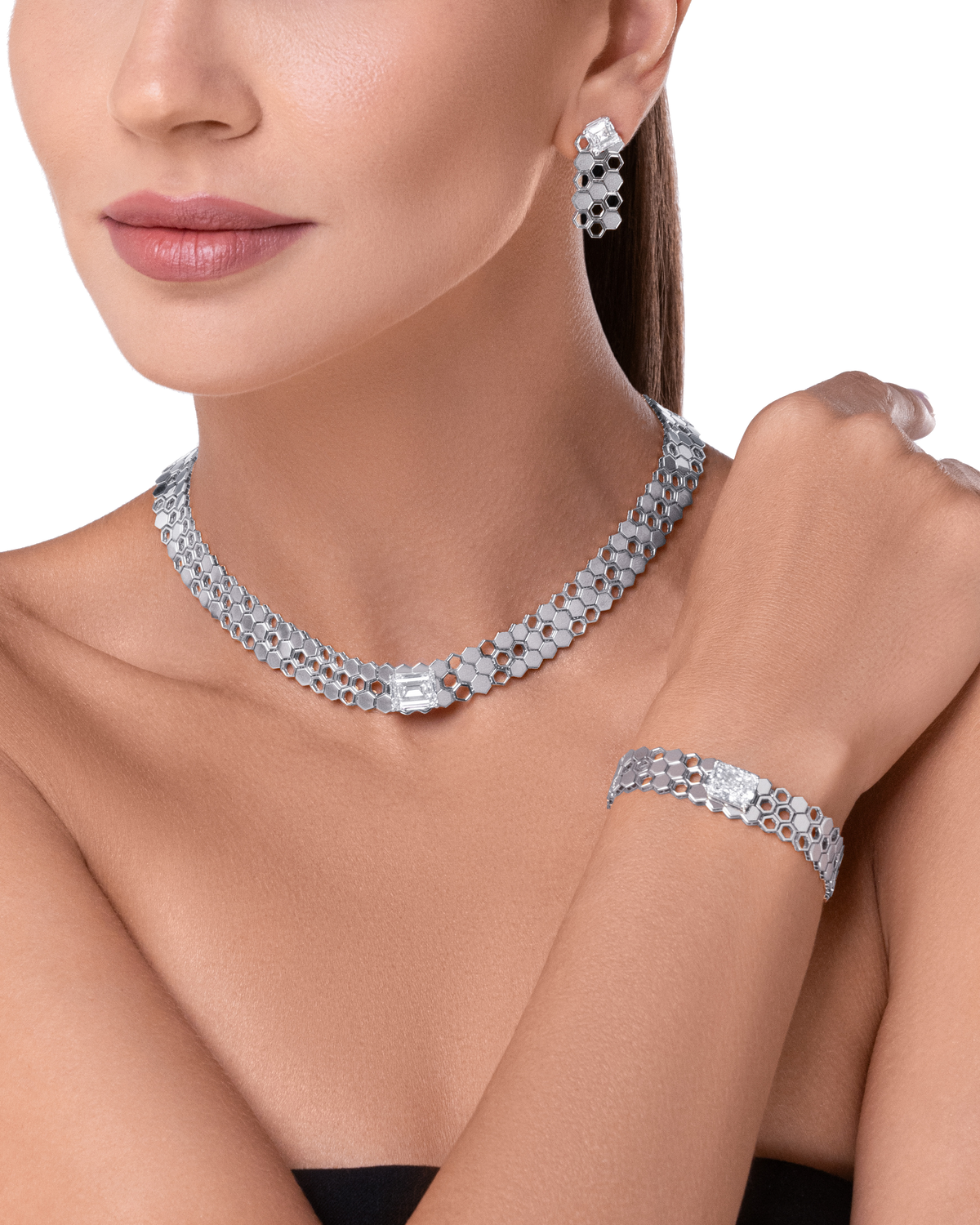Model wearing Just Bee Long Earrings in 18K white gold with Asscher-cut lab diamond, with matching diamond necklace and bracelet #Metal_White Gold #Choose your combination_With Lab-grown Diamond