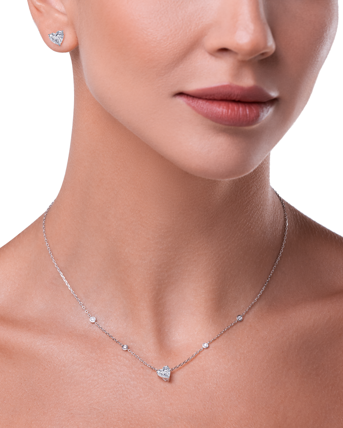 Always Be Heart Shape Earrings worn on model with heart shape diamond pendant #Metal_White Gold