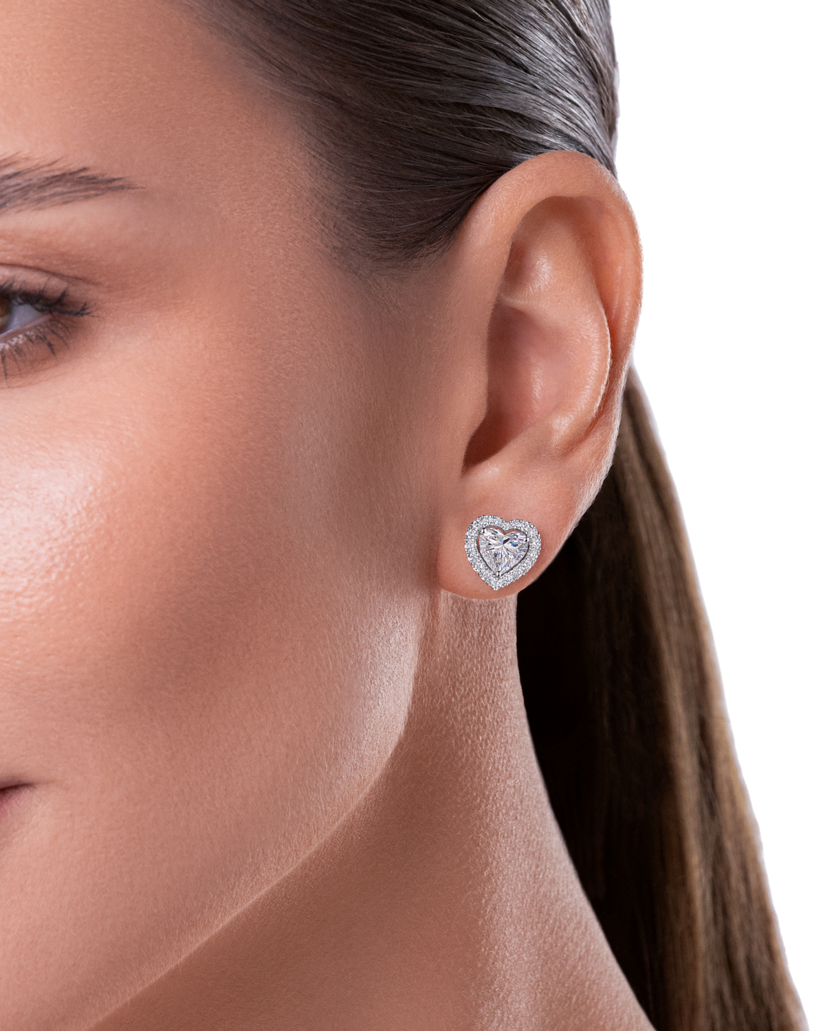 Always Be Heart Shape Earrings with Removable Halo worn on model, halo attached #Metal_White Gold