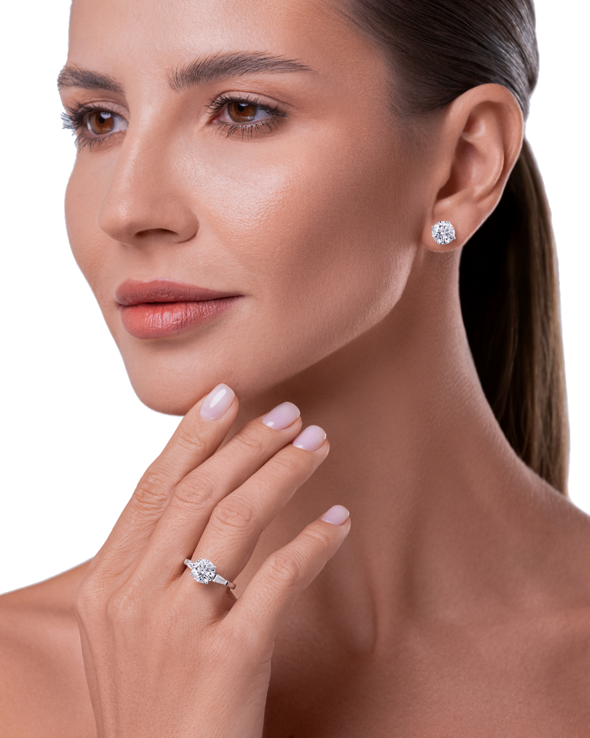 Always Be Round Cut Earrings 2.0ct worn on model, halo removed #Carat Weight_2.0ct each