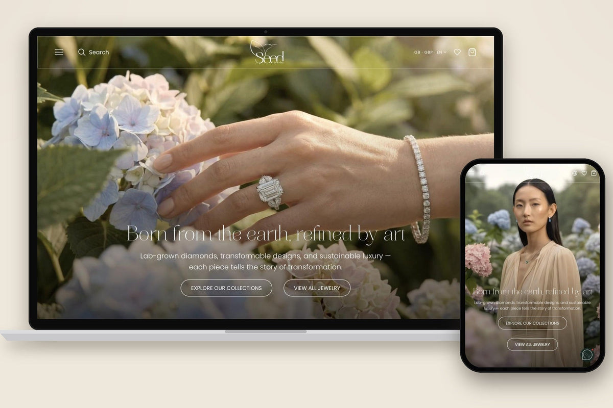 The new Seed Jewelry website on laptop and phone