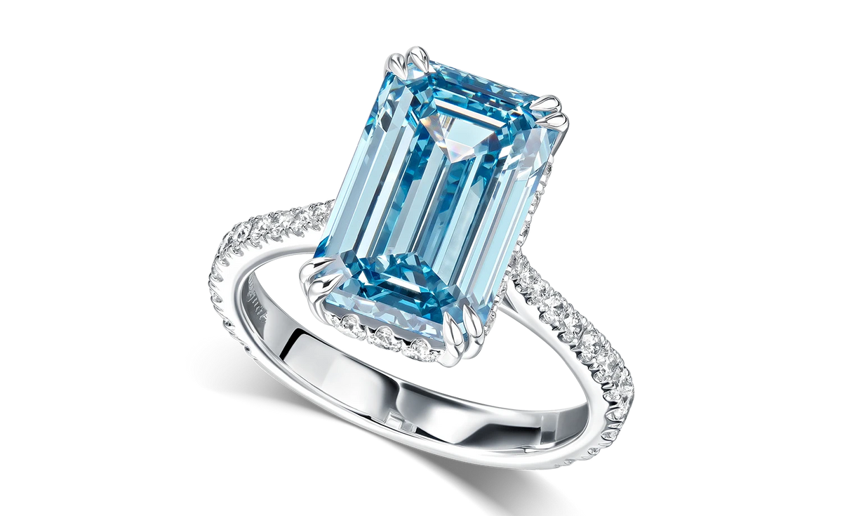 Always Be Fancy Vivid Blue Emerald Cut Ring — product photo
