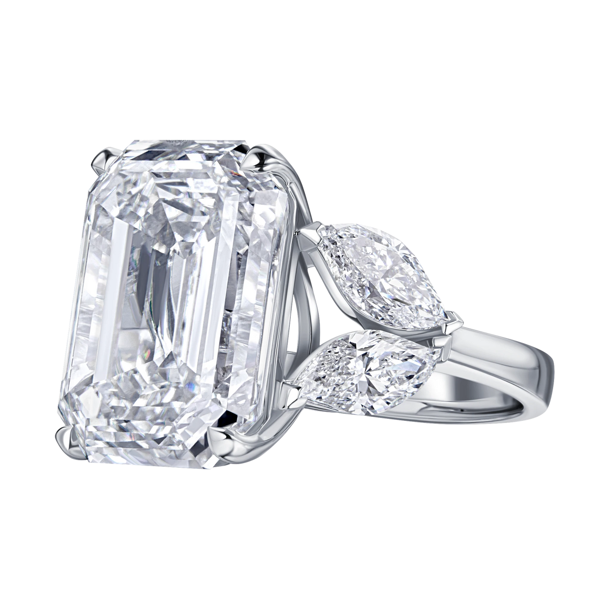Be True Emerald Cut Ring with Leaf Cut Side Diamonds — product photo #Metal_White Gold