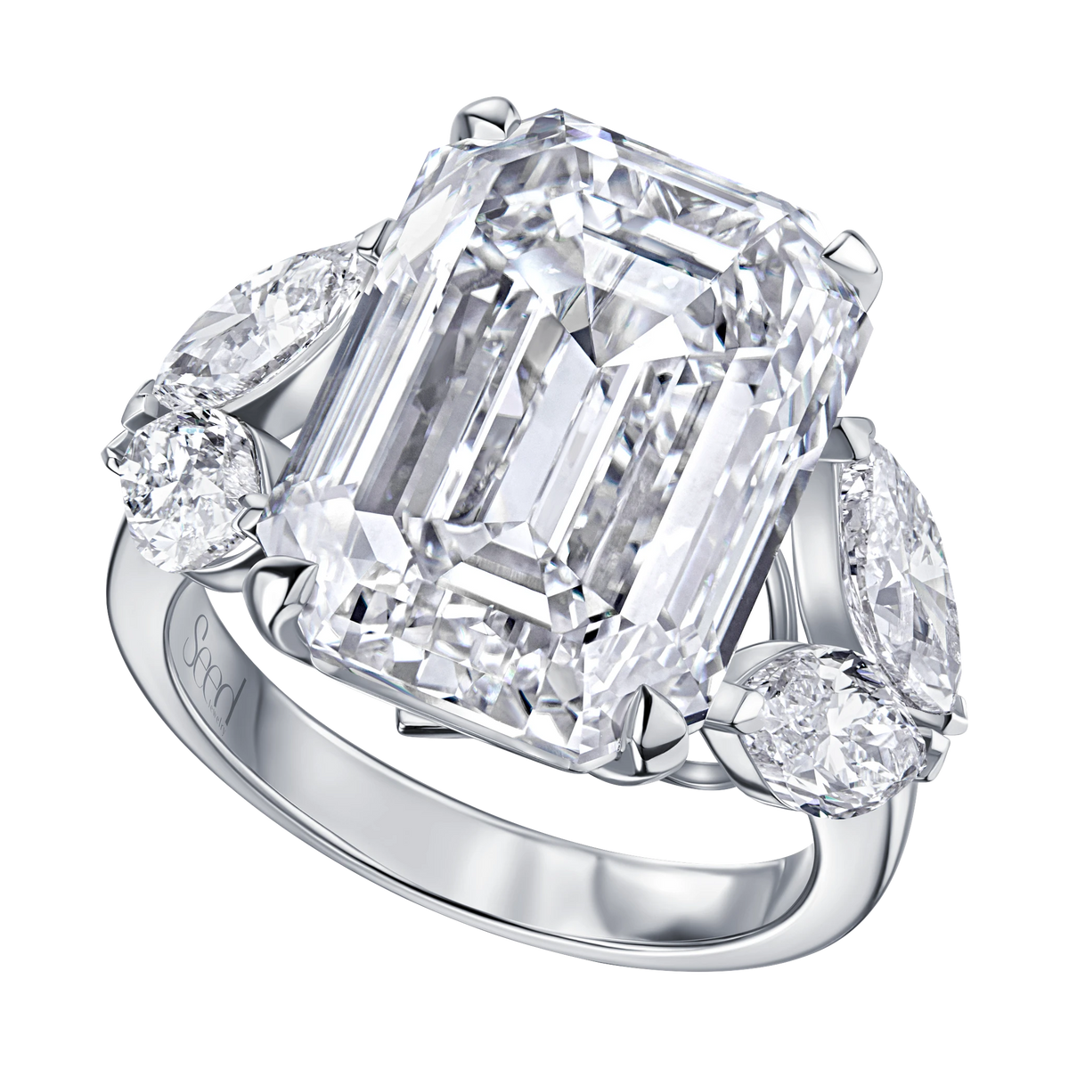 Be True Emerald Cut Ring with Leaf Cut Side Diamonds — product photo #Metal_White Gold