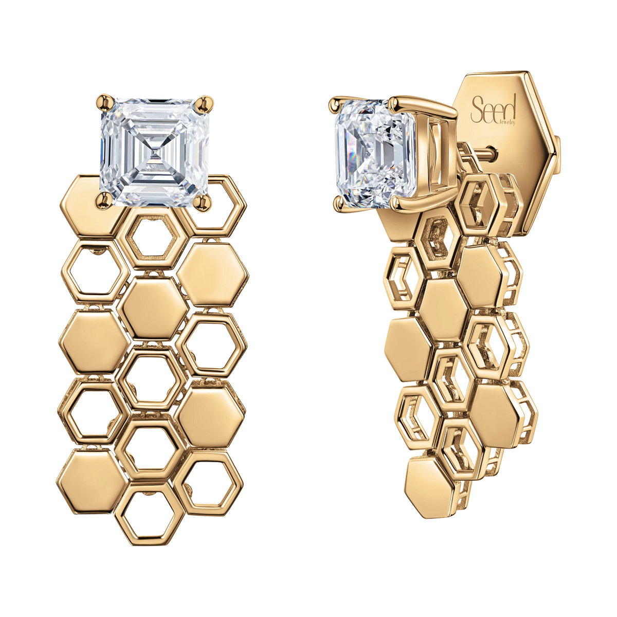 Just Bee Long Earrings in yellow gold, With Lab Diamond Asscher cut 2 carats each #Metal_Yellow Gold #Choose your combination_With Lab-grown Diamond