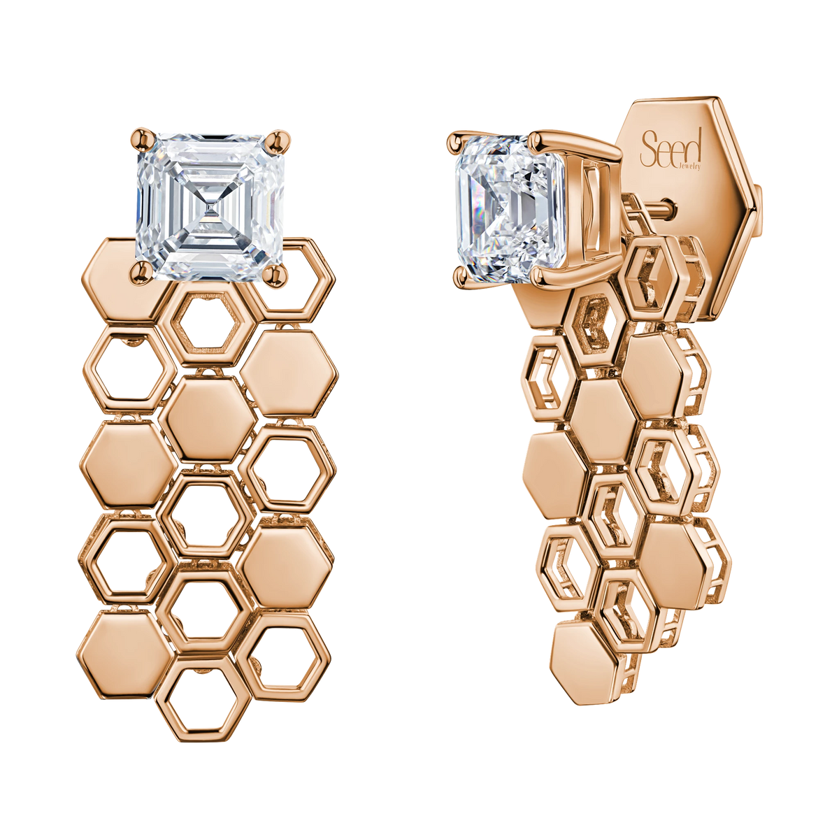 Just Bee Long Earrings in rose gold, With Lab Diamond Asscher cut 2 carats each #Metal_Rose Gold #Choose your combination_With Lab-grown Diamond