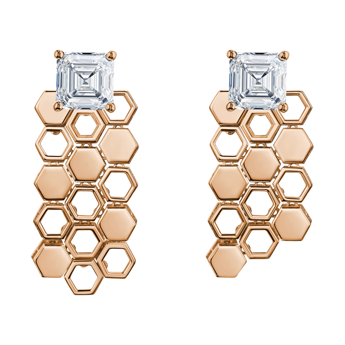 Just Bee Long Earrings in rose gold, With Lab Diamond Asscher cut 2 carats each #Metal_Rose Gold #Choose your combination_With Lab-grown Diamond