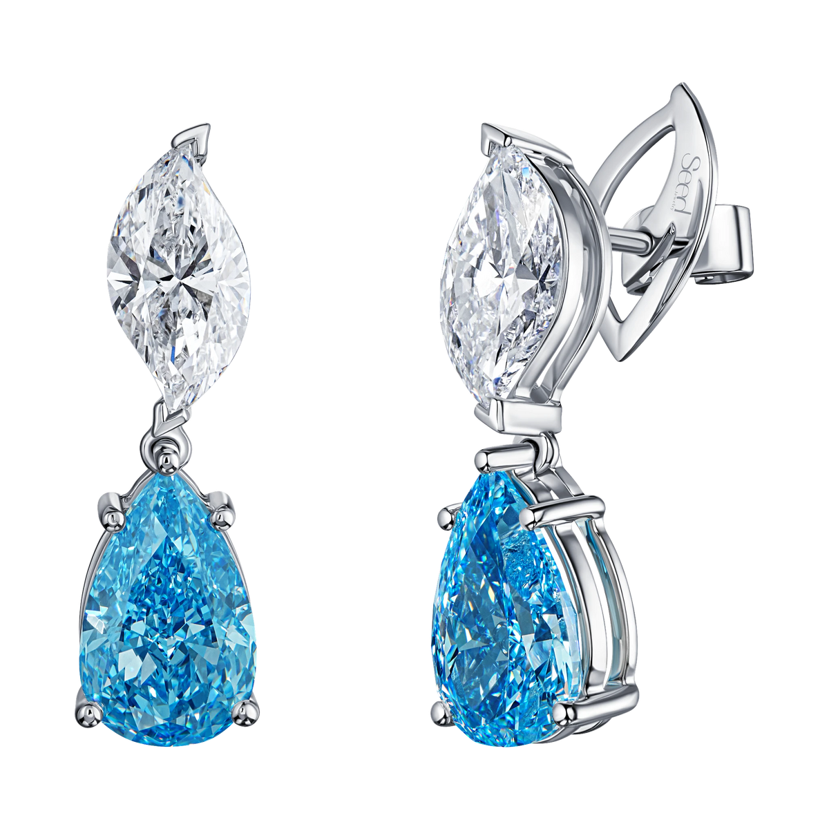 Be True Fancy Vivid Blue Pear Shape & Leaf Earrings — product photo #Metal_White Gold