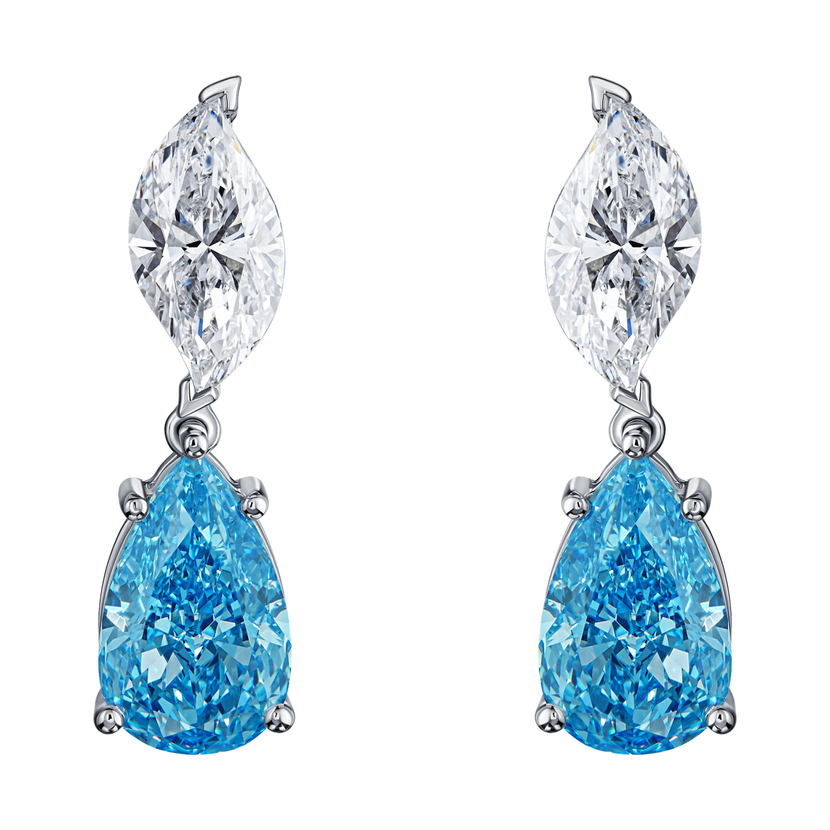 Be True Fancy Vivid Blue Pear Shape & Leaf Earrings — product photo #Metal_White Gold