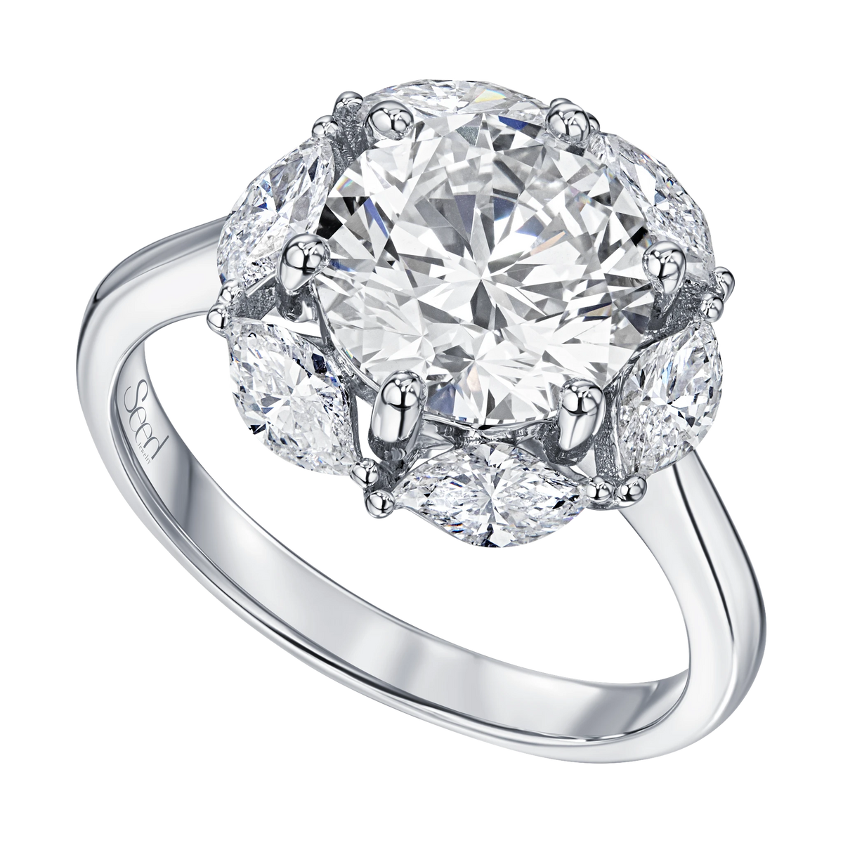 Be True Round Cut Ring with Leaf Cut Halo — product photo #Metal_White Gold