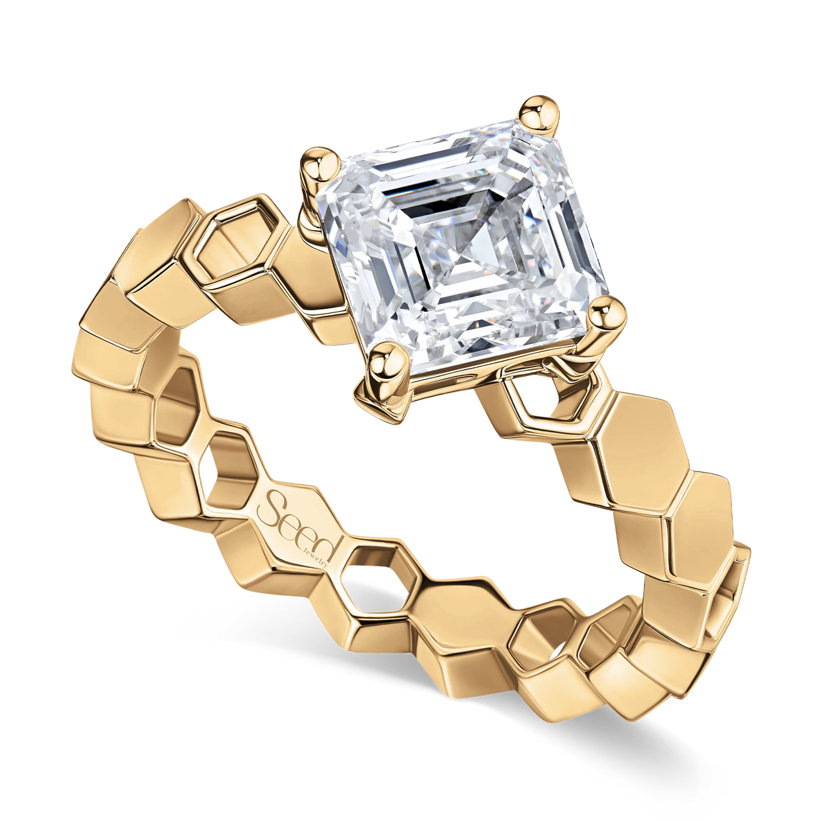Just Bee honeycomb ring in 18K yellow gold with Asscher-cut lab diamond #Metal_Yellow Gold #Choose your combination_With Lab Diamond + Pendant Set