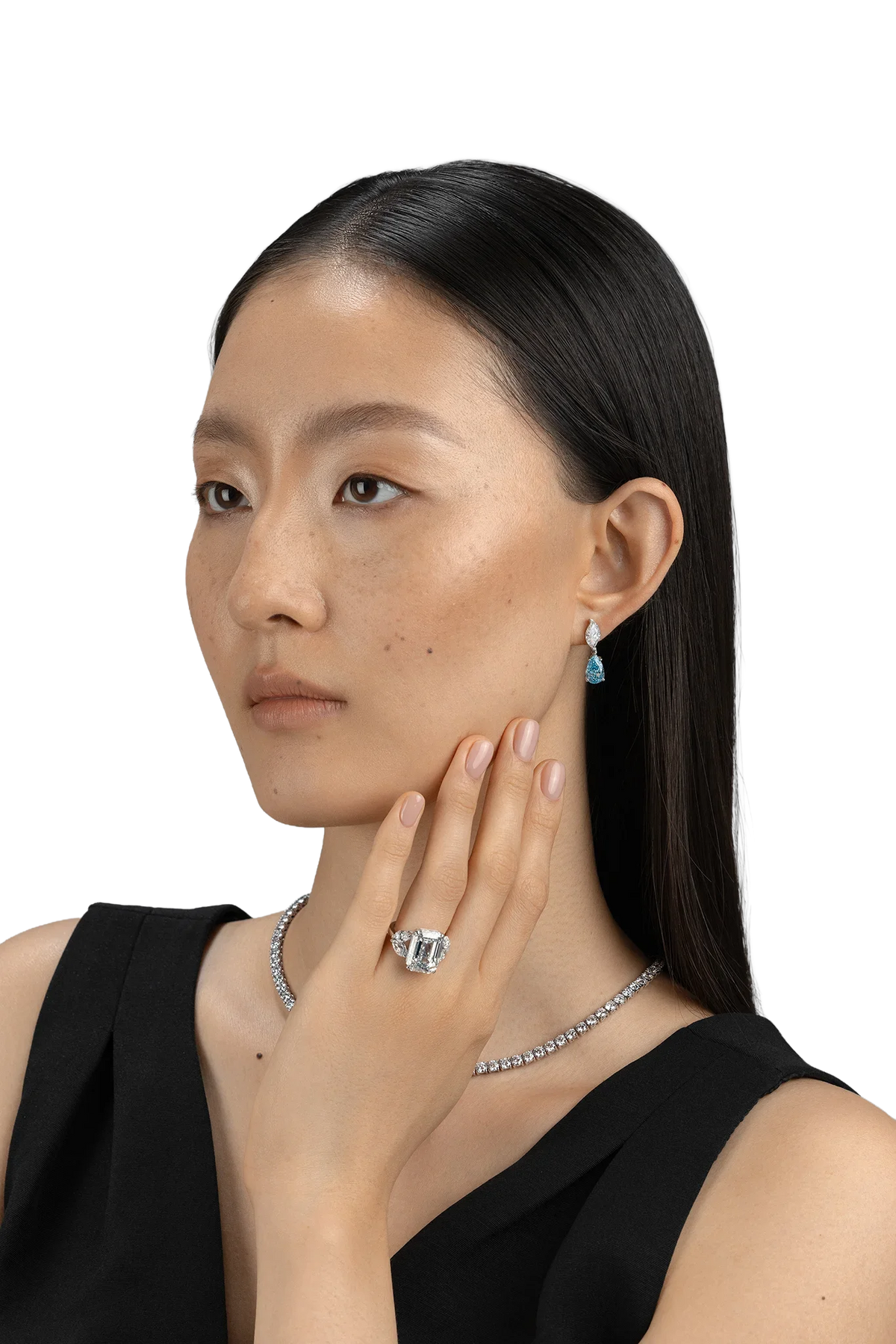 Be True Fancy Vivid Blue Pear Shape & Leaf Earrings model — product photo #Metal_White Gold