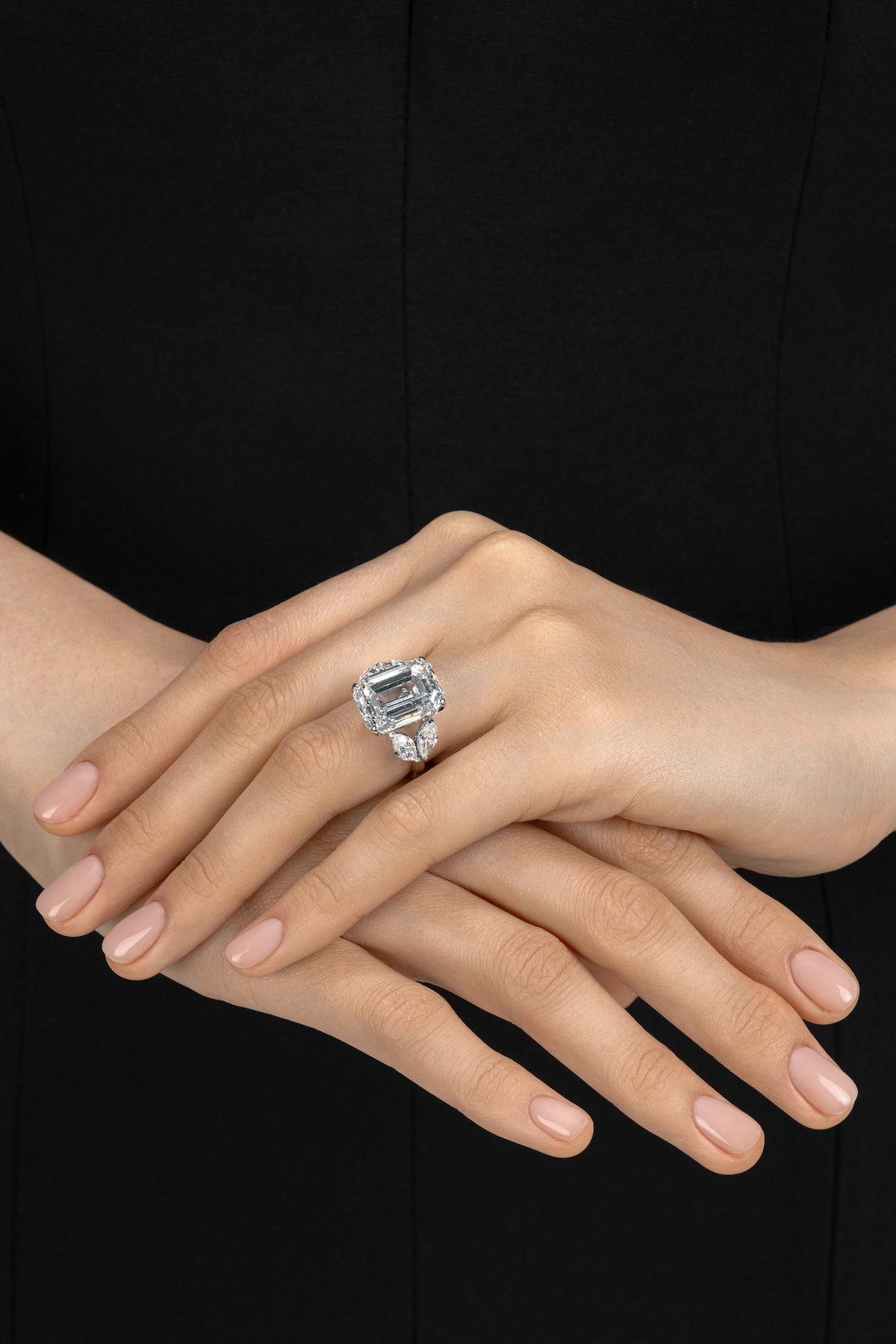 Be True Emerald Cut Ring with Leaf Cut Side Diamonds — product photo model #Metal_White Gold