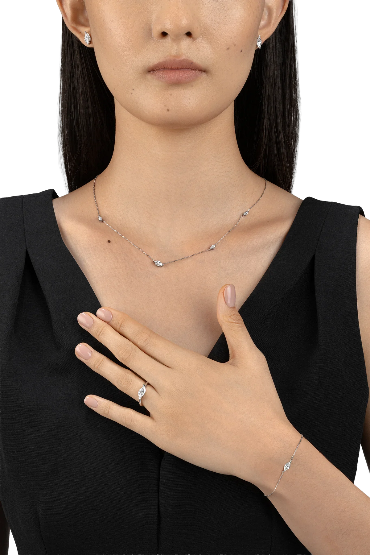 Model wearing Be True Leaf Earrings — product photo #Metal_White Gold
