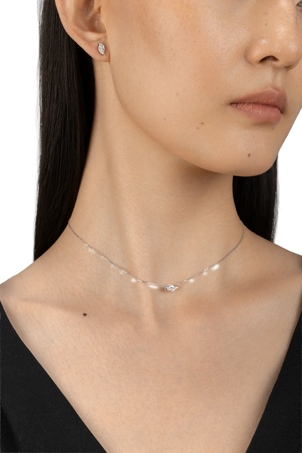 Model wearing Be True Leaf Earrings — product photo #Metal_White Gold