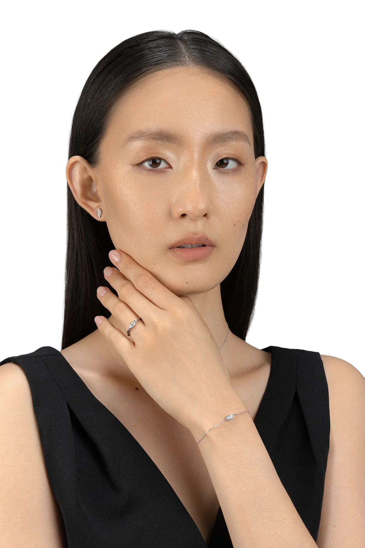Model wearing Be True Leaf Earrings — product photo #Metal_White Gold