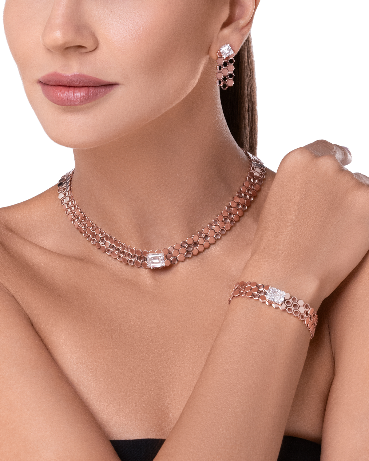 Model wearing Just Bee Long Earrings in 18K rose gold with Asscher-cut lab diamond, with matching diamond necklace and bracelet  #Metal_Rose Gold #Choose your combination_With Lab-grown Diamond