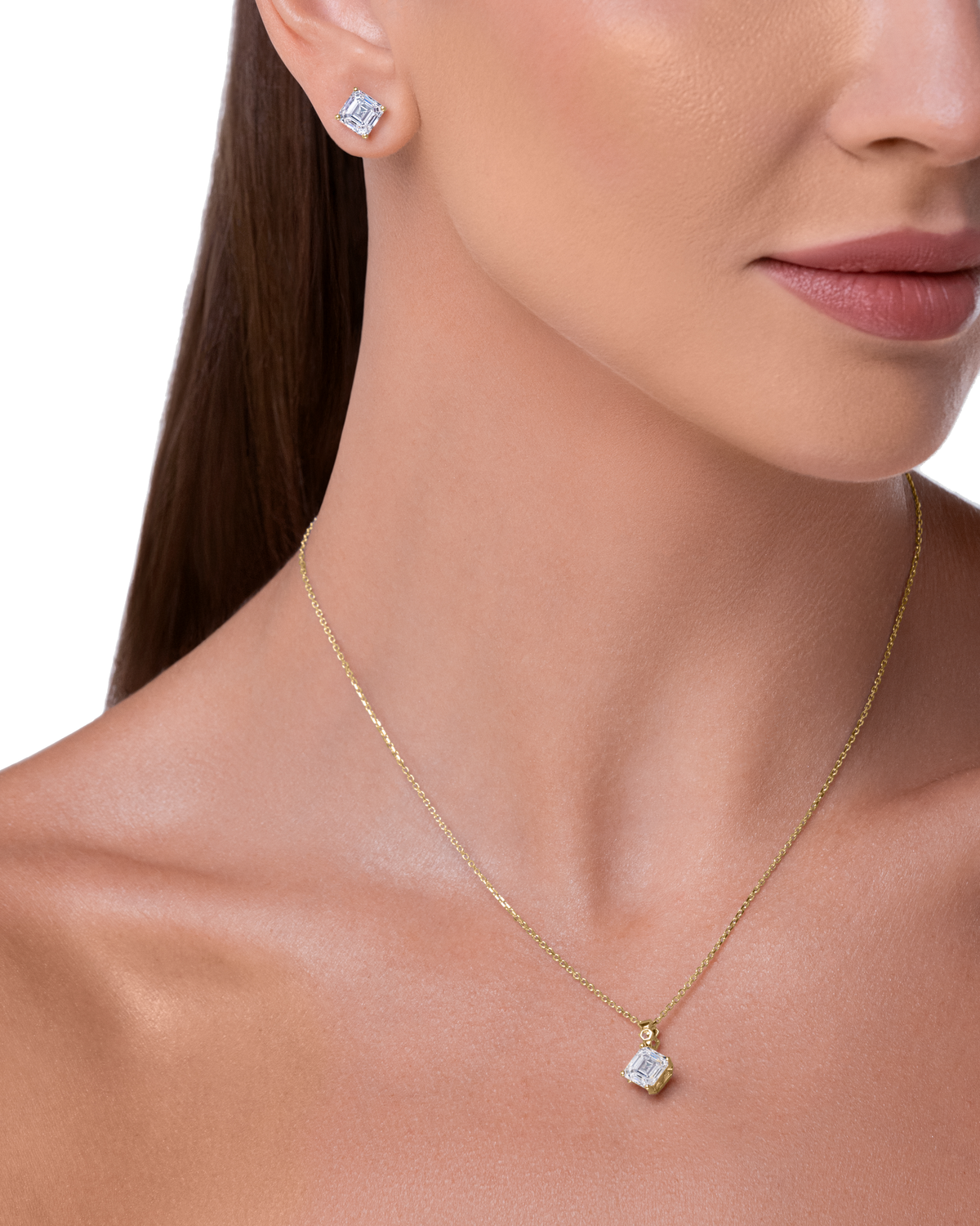 Model wearing Just Bee pendant with Asscher-cut lab diamond on 18K yellow gold chain with matching stud earring #Metal_Yellow Gold #Choose your combination_With Lab Diamond + Pendant Set