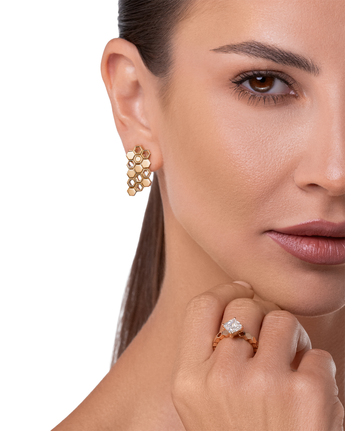 Model wearing Just Bee Long Earrings with with Asscher-cut lab diamond ring and #Metal_Rose Gold #Choose your combination_No Diamond