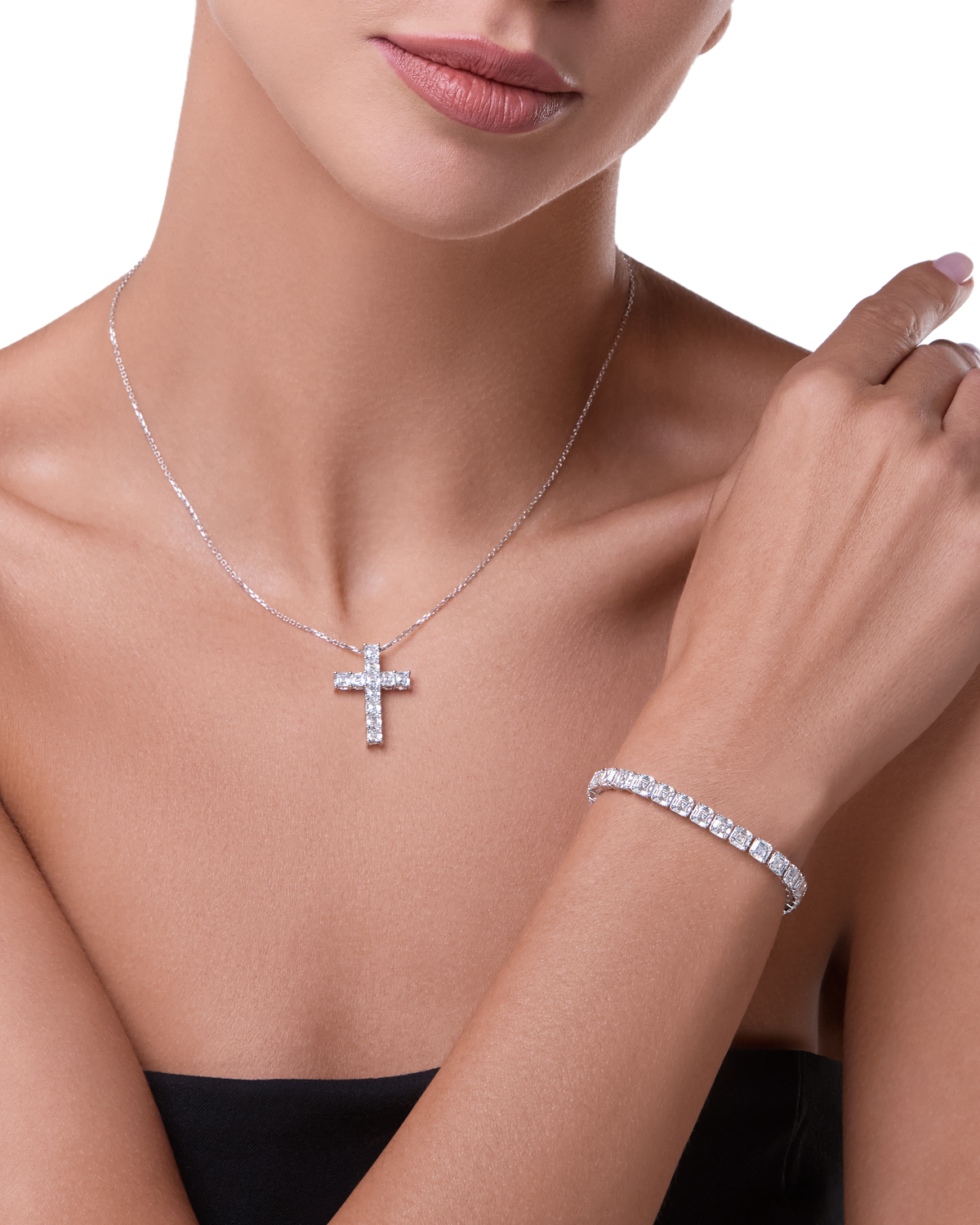 Always Be Asscher Cut Diamond Tennis Bracelet worn on model #Metal_White Gold
