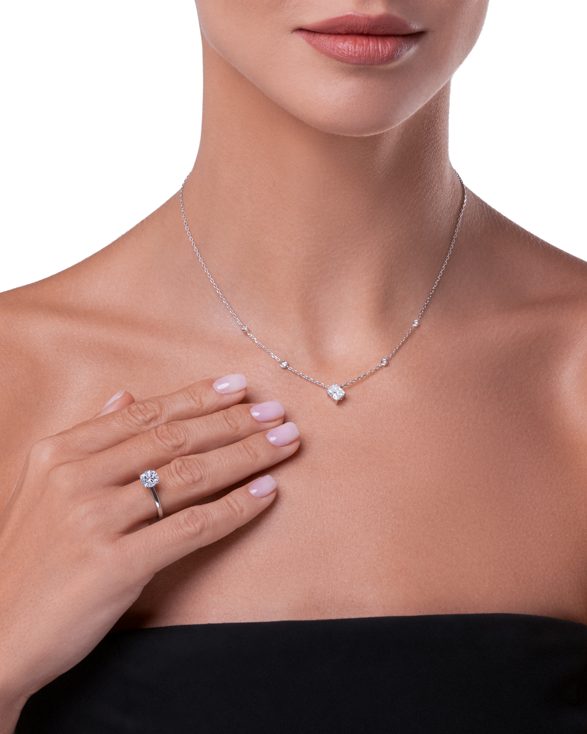 Always Be Cushion Cut Diamond Pendant worn on model #Metal_White Gold