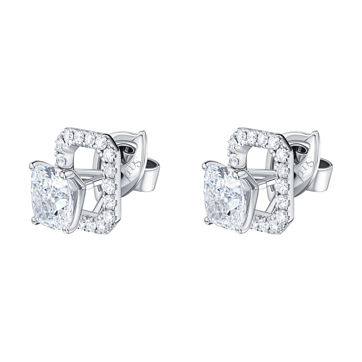 Always Be Cushion Cut Diamond Earrings, halo detail side view