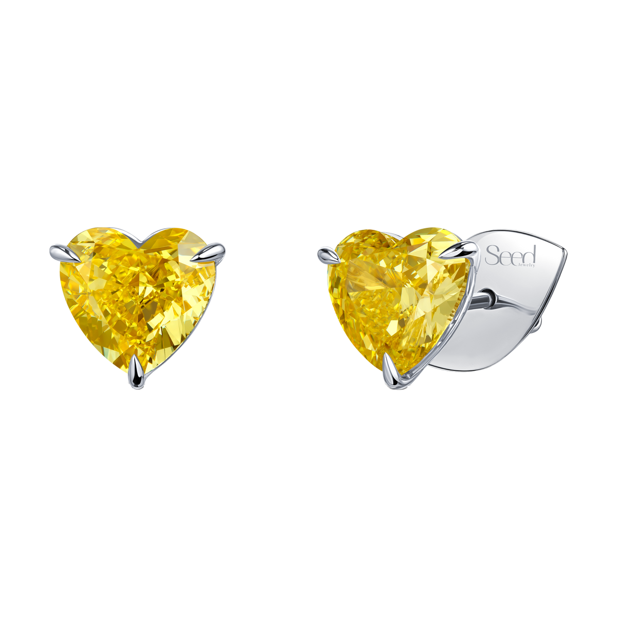 Always Be Heart Shape Fancy Vivid Yellow Diamond Earrings, halo detail