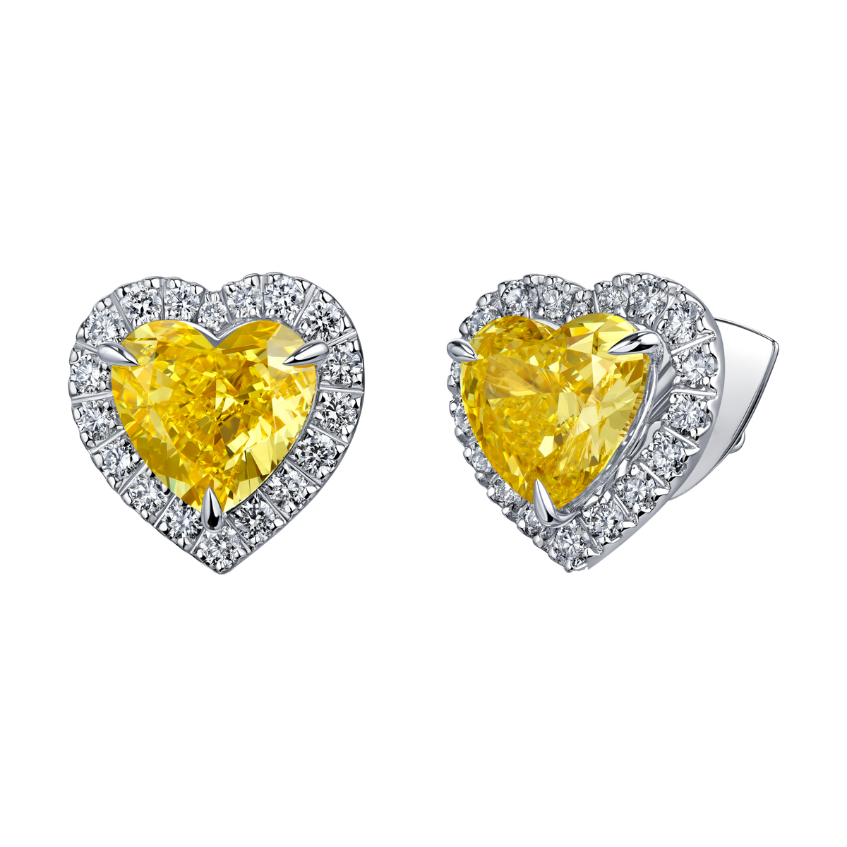 Always Be Heart Shape Fancy Vivid Yellow Diamond studs, side view