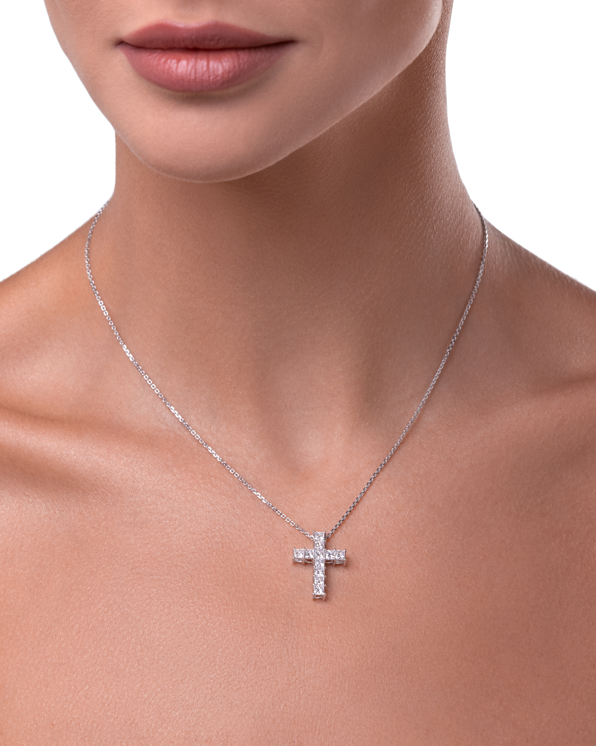 Always Be Princess Cut Diamond Cross Pendant worn on model #Metal_White Gold