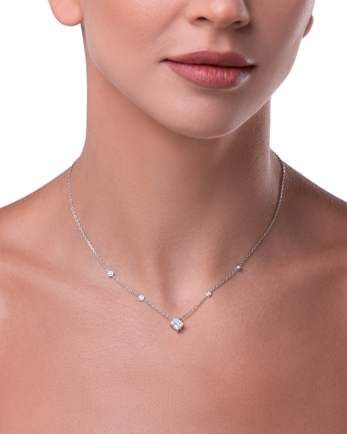 Always Be Radiant Cut Diamond Pendant worn on model #Metal_White Gold