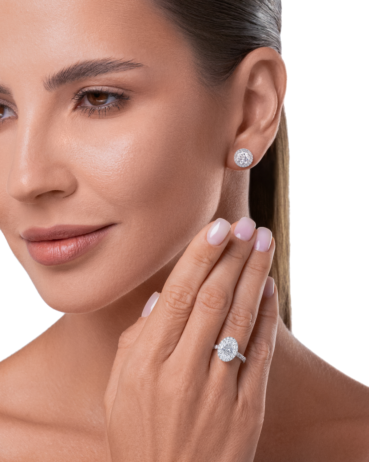 Always Be Round Cut Earrings with Removable Halo 1.0ct worn on model, halo attached #Carat Weight_1.0ct each