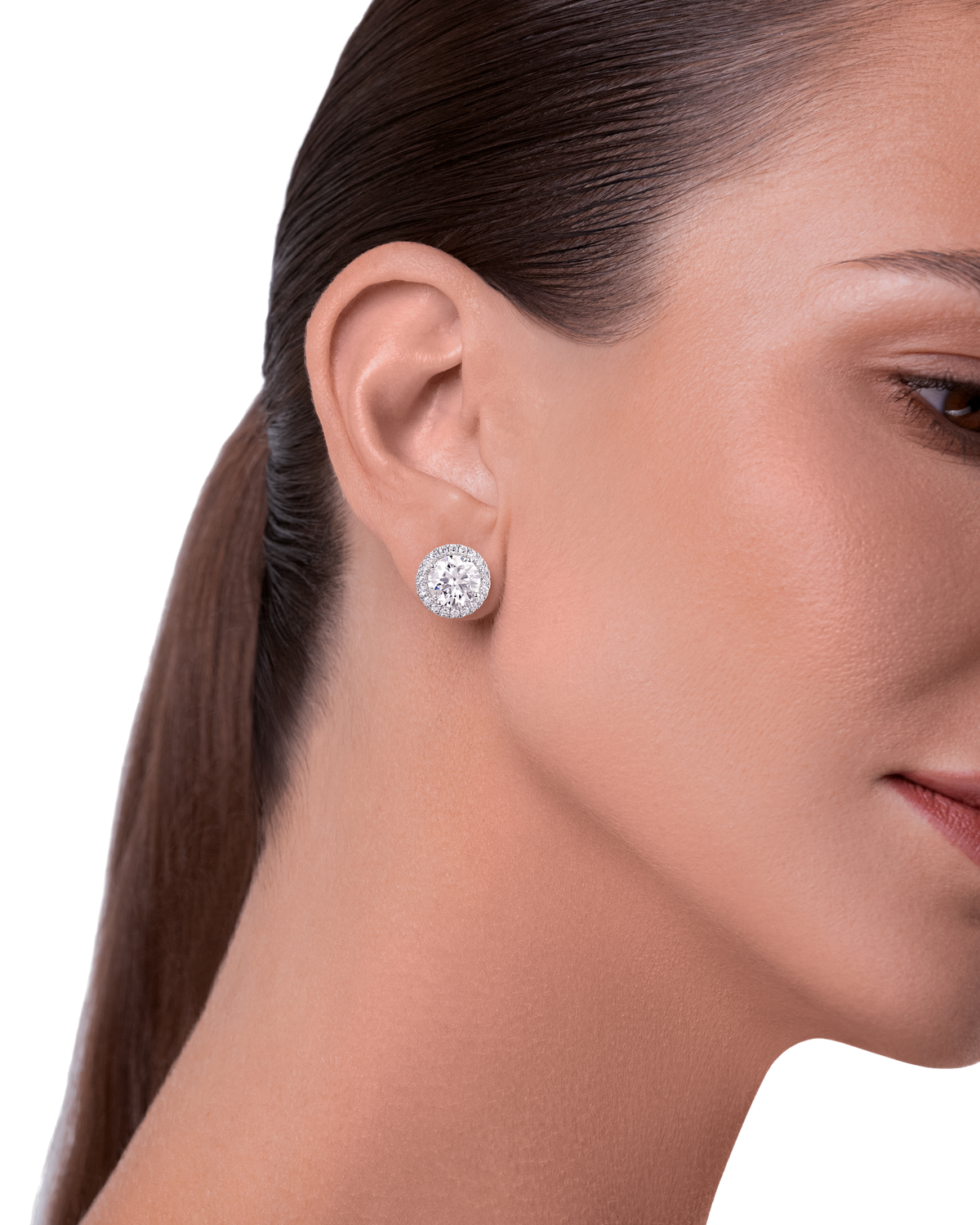 Always Be Round Cut Earrings with Removable Halo 2.0ct worn on model, halo attached #Carat Weight_2.0ct each