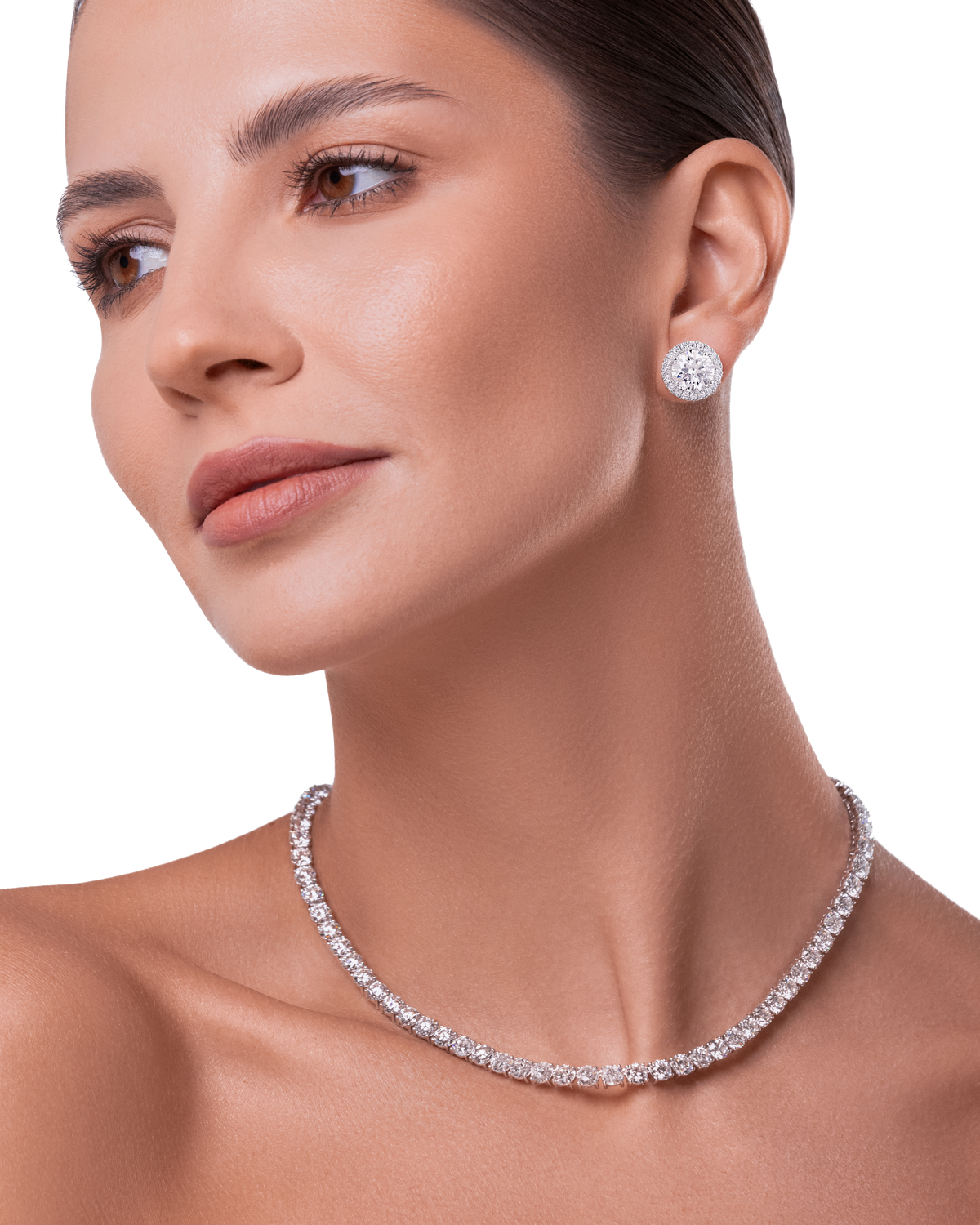 Always Be Round Cut Earrings with Removable Halo 3.0ct worn on model, halo attached #Carat Weight_3.0ct each