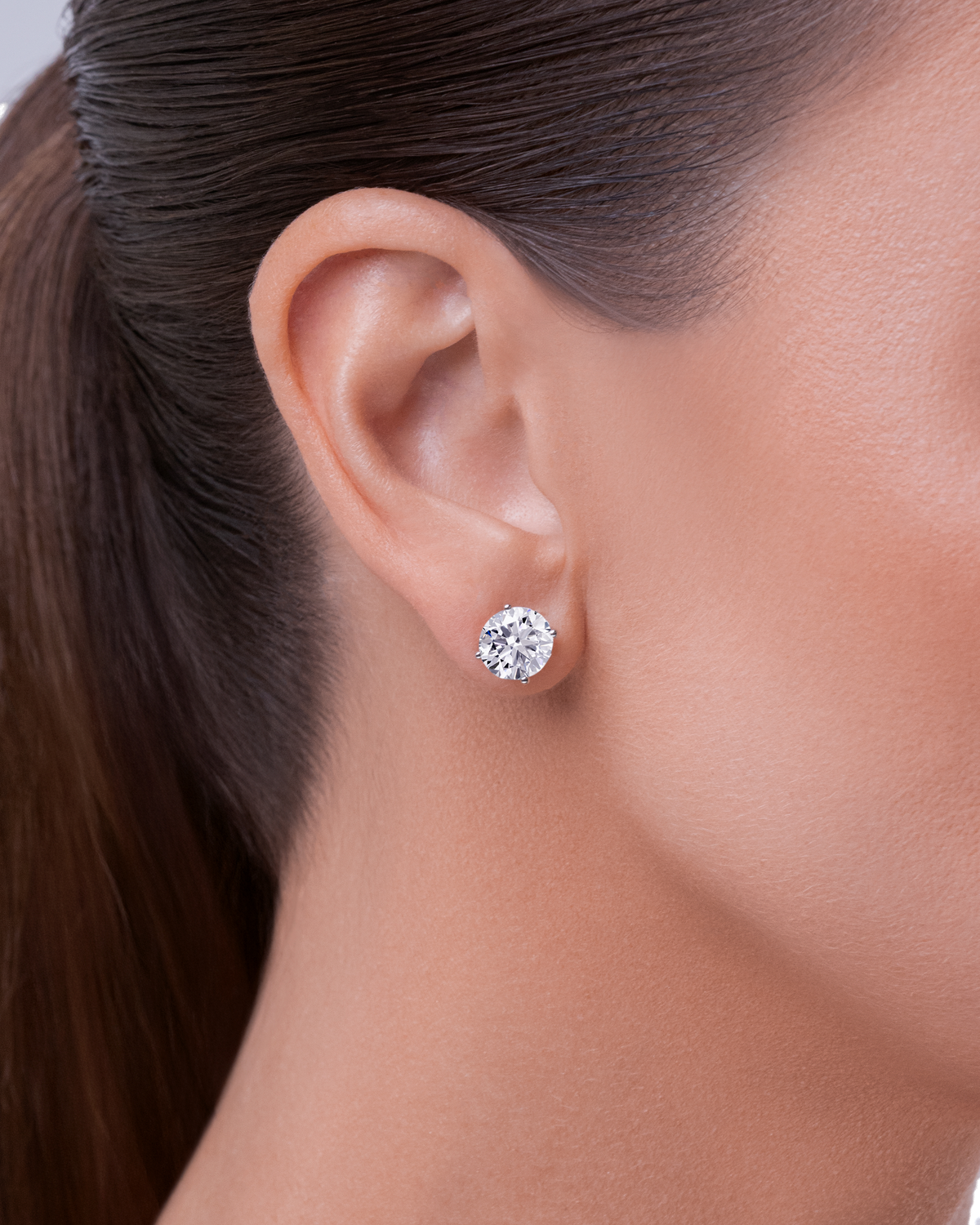 Always Be Round Cut Earrings 3.0ct worn on model, halo removed #Carat Weight_3.0ct each